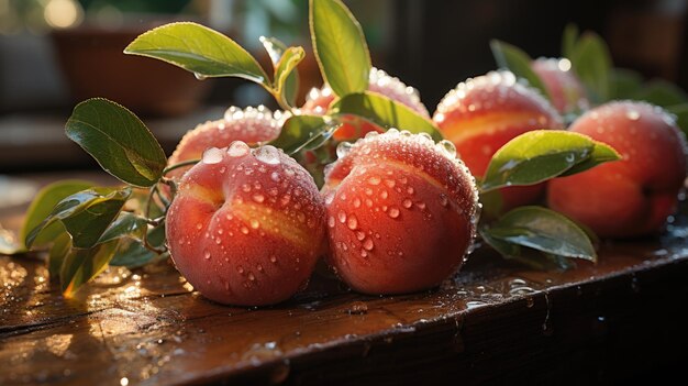 A group of peachs sitting on top of a wooden table