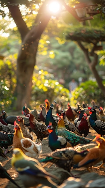 A group of peafowl and chickens foraging for food in a forest