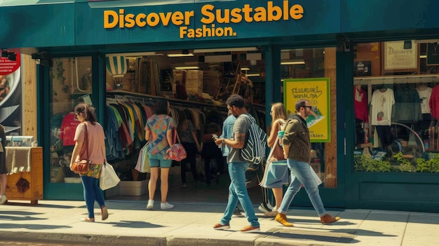 Photo group of pedestrians on city road near discoverer store facade aig41