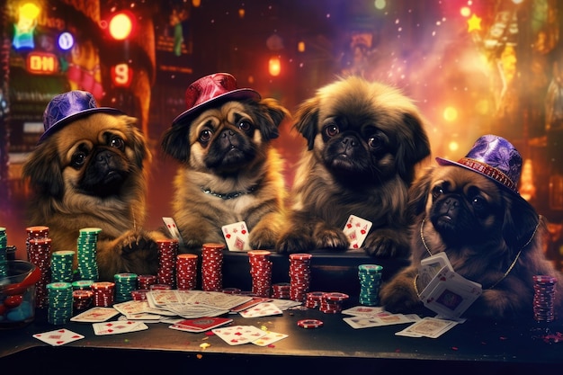 Group of Pekingese sitting in front of a table with poker chips Tibetan Spaniel puppies playing poker in vegas All colorful glittering lights background Photorealistic AI Generated