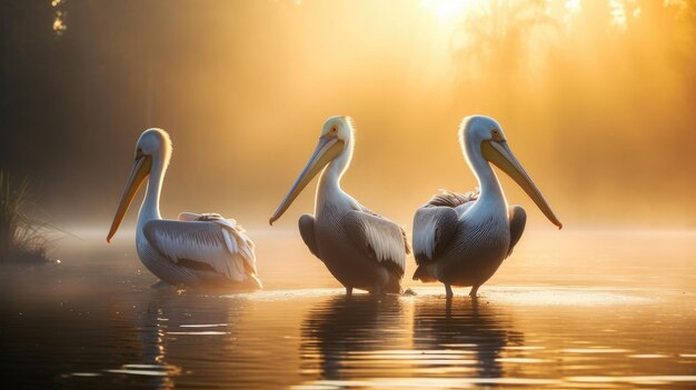 A group of pelicans standing on the shore of the lake at sunrise