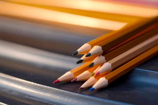 Group of pencils sitting next to each other on metal surface Generative AI