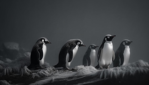 A group of penguins are standing on a branch.