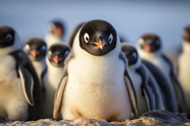 a group of penguins are standing together one of which is black and white