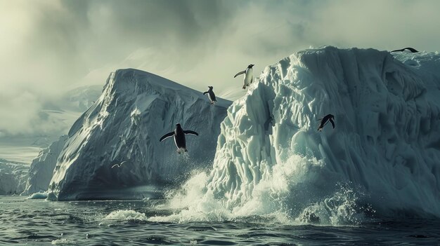 Foto gruppo di pinguini uccelli che volano sopra un iceberg nell'oceano