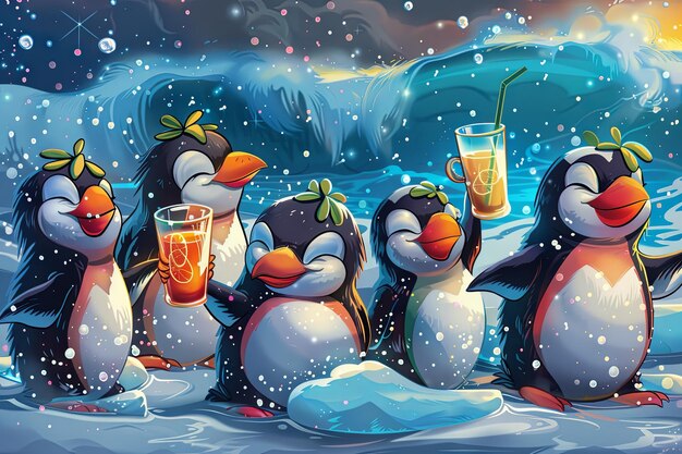 group of penguins enjoying a beach day surfing on waves of ice while sipping colorful tropical drinks