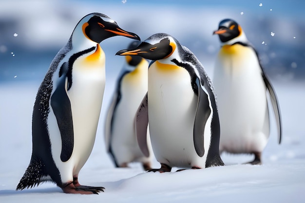 ペンギンの群れが冬の雪に覆われた屋外の風景にいます