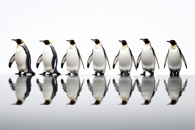 Photo group of penguins marching in a line across the ice