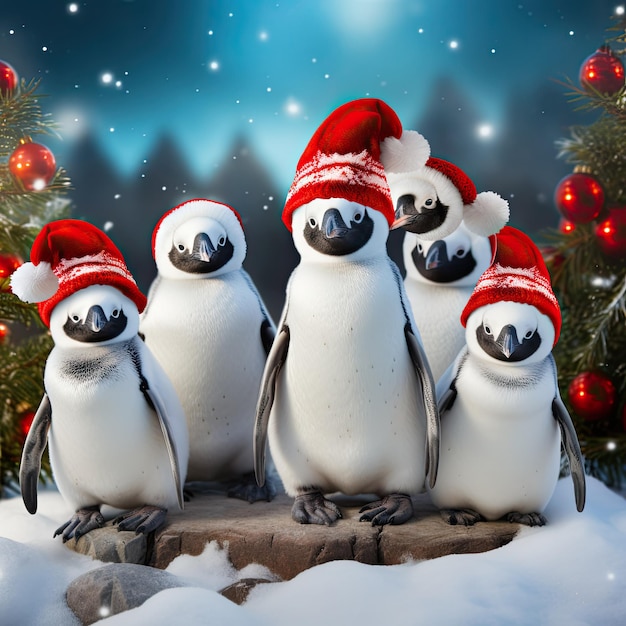 group of penguins at the north pole wearing funny red santa claus hats