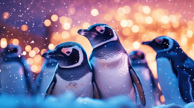 Foto gruppo di pinguini sulla neve bellissimo pinguino