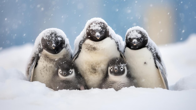 雪の中のペンギンの群れ