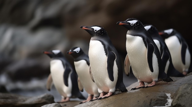 A group of penguins stand on a rock in front of a rock.