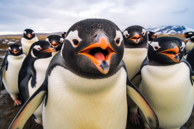 A group of penguins taking a selfie on a blurred background Generative AI illustration