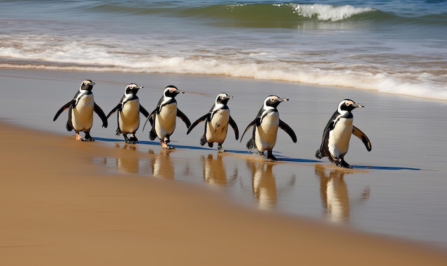 Photo group of penguins walking along the beach