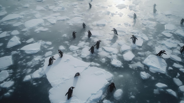 A group of penguins walking on ice AI generated Image