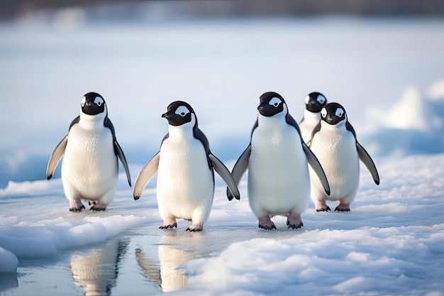 a group of penguins walking on ice