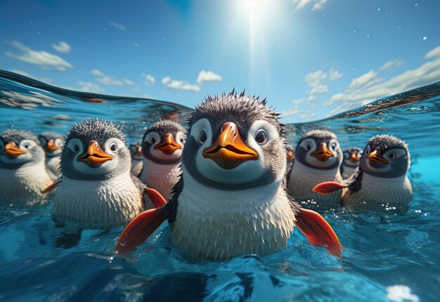 Photo a group of penguins in the water with the sun shining on them