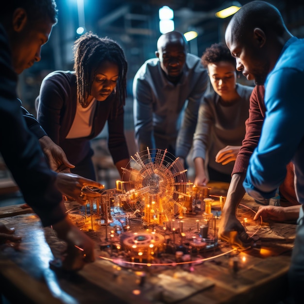 Photo a group of people of african descent are gathered around a table covered with a glowing 3d holographic display