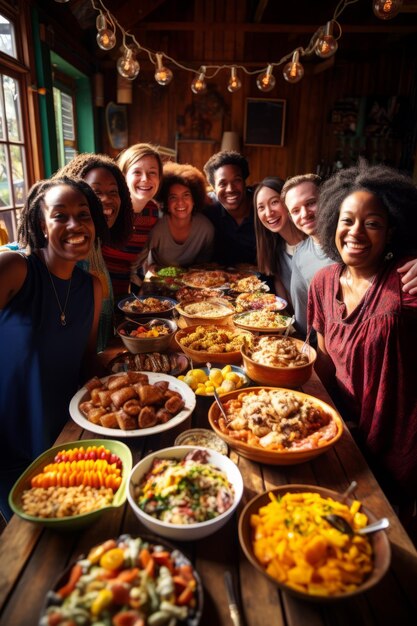 A group of people of African descent are gathered around a table enjoying a meal together