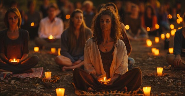 Photo a group of people of all ages and backgrounds sit crosslegged on the ground with eyes closed the