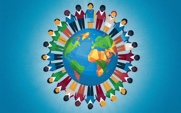 a group of people are around a globe with a blue background