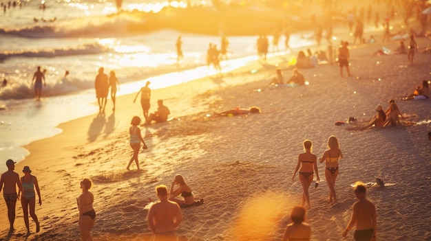 Photo a group of people are on a beach with a sun setting behind them