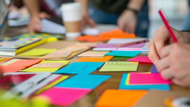 Photo a group of people are brainstorming ideas they are using sticky notes to write down their thoughts