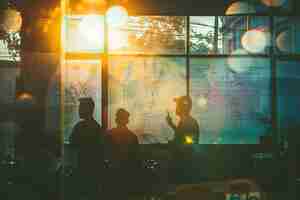 Photo a group of people are in a building with a large window behind them