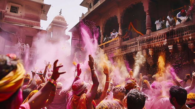 a group of people are celebrating a festival with pink and purple dye