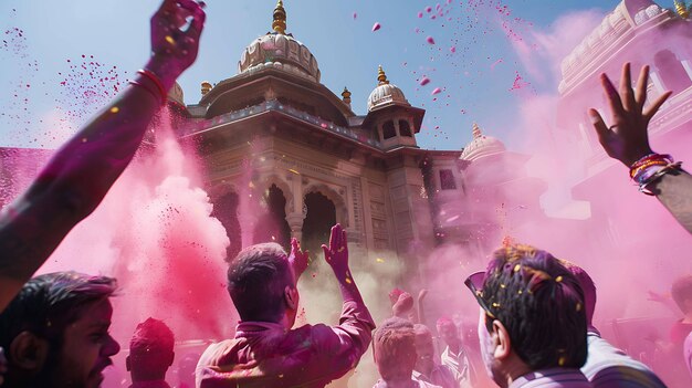 Группа людей празднует индуистский праздник Холи. Они бросают цветный порошок друг на друга и танцуют под музыку.