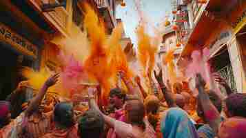 Photo a group of people are celebrating the hindu holiday holi they are throwing colorful powder at each other and dancing in the streets