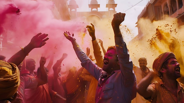 한 무리의 사람들이 힌두교의 휴일을 축하하고 있습니다. 그들은 서로 다채로운 가루를 던지고 거리에서 춤을 추고 있습니다.