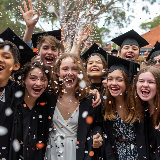 Photo a group of people are celebrating with confetti in the air