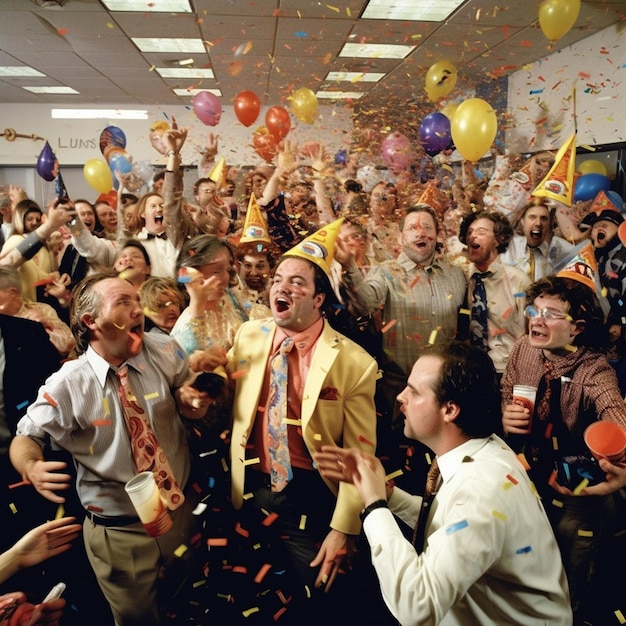 a group of people are celebrating with confetti and confetti.