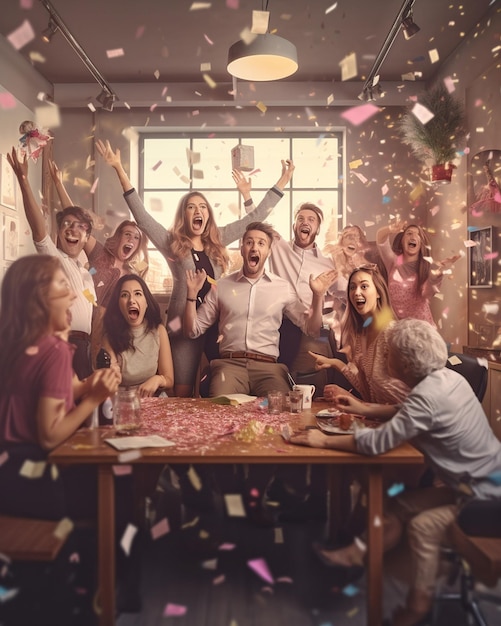 a group of people are celebrating with a party and a christmas tree in the background.