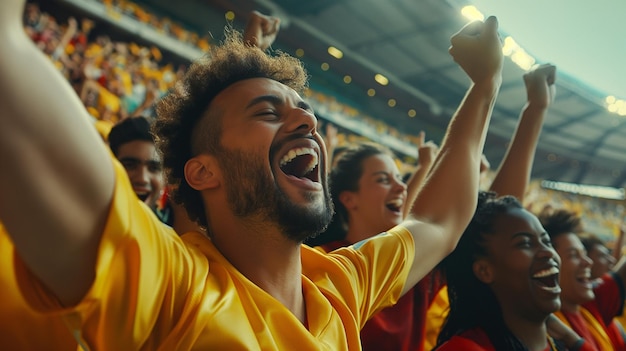 Photo a group of people are cheering in a stadium with the word  soccer  on the wall