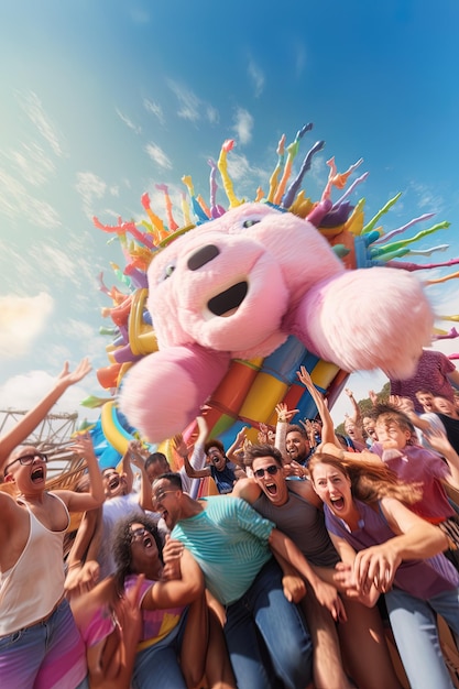 a group of people are in a circle with a giant pink blow up balloon