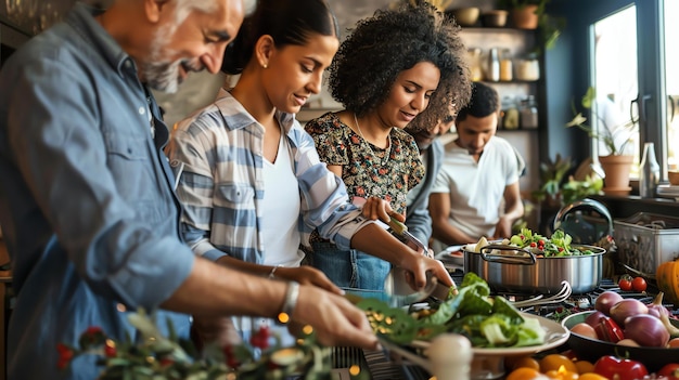 Photo a group of people are cooking together in a kitchen they are all smiling and laughing and appear to be enjoying themselves