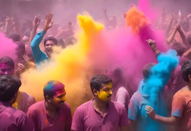 a group of people are covered in colored powder