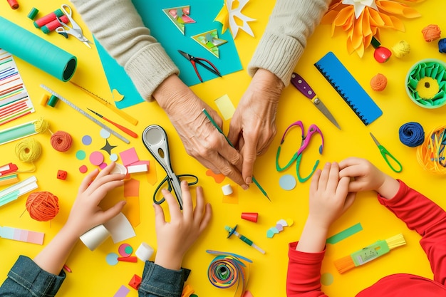 A group of people are crafting on a yellow table with scissors paper