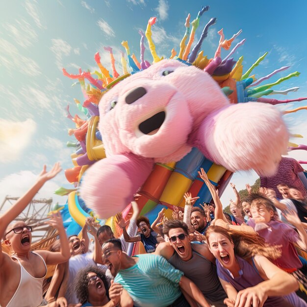 Photo a group of people are in a crowd with a giant pink pig in the background