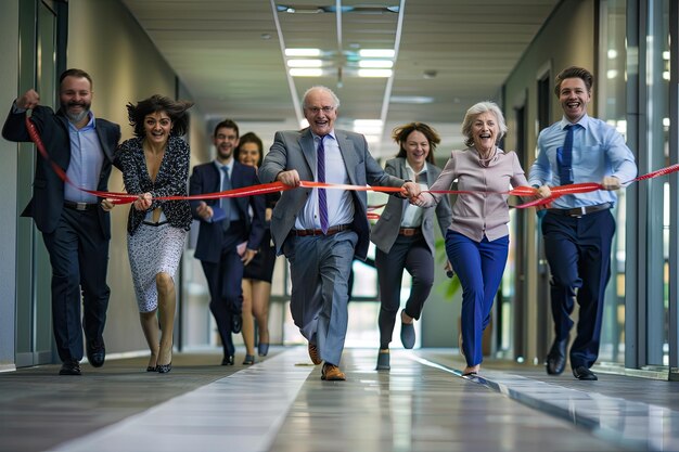 Foto un gruppo di persone sta tagliando un nastro in un edificio che dice che la compagnia