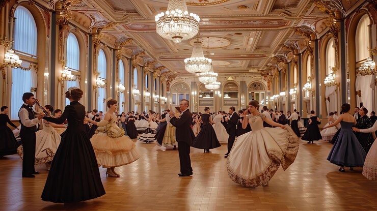 Photo a group of people are dancing in a ballroom the women are wearing long dresses and the men are wearing suits
