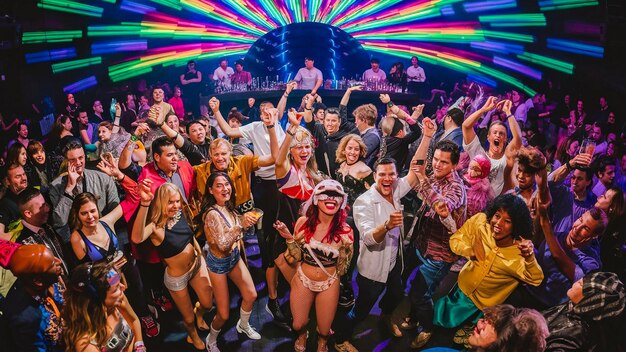 Photo a group of people are dancing in a club with colorful lights