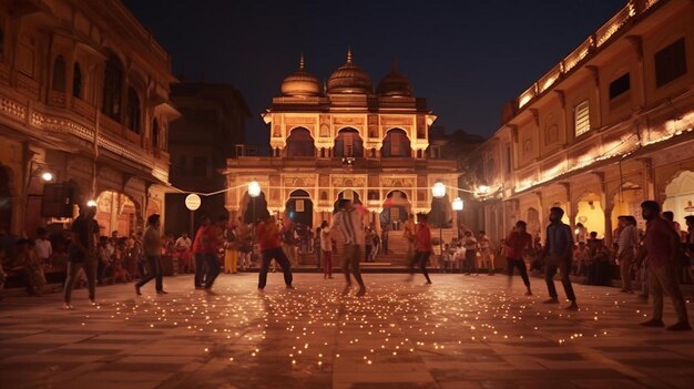 Photo a group of people are dancing in front of a building with a large lit up building in the background