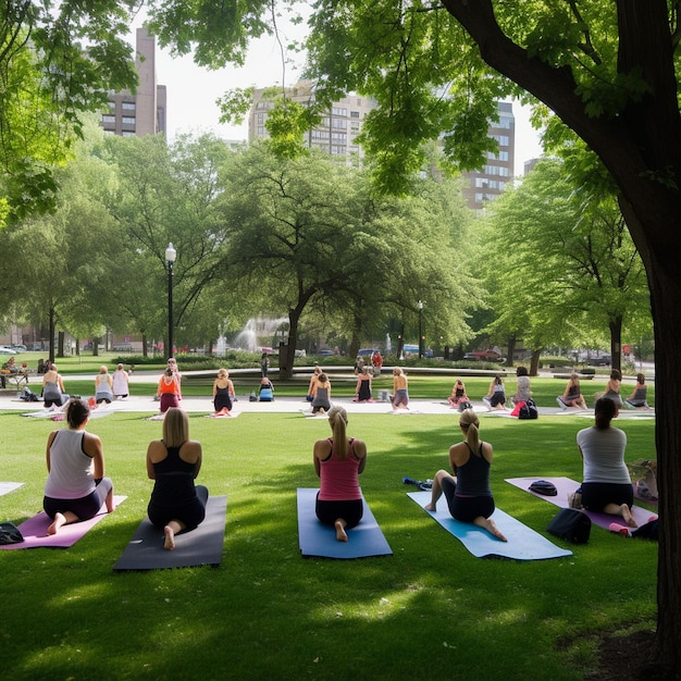 A group of people are doing yoga in a park.