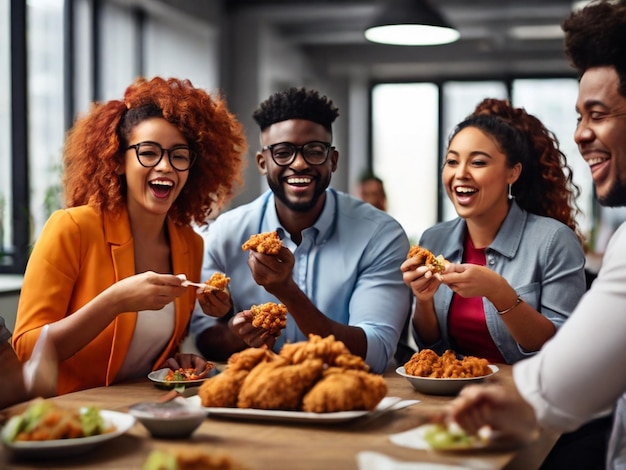 人々のグループが食べ物を食べており1人は青いシャツを着ています