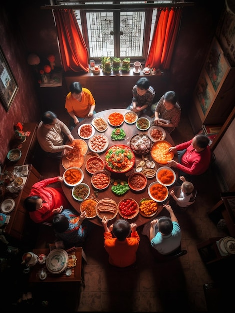 A group of people are eating food at a table with a window behind them.