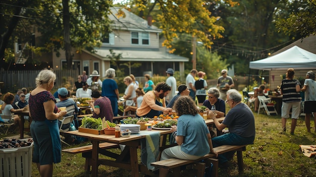 A group of people are enjoying a picnic in a backyard There is a house in the background and a tent to the right