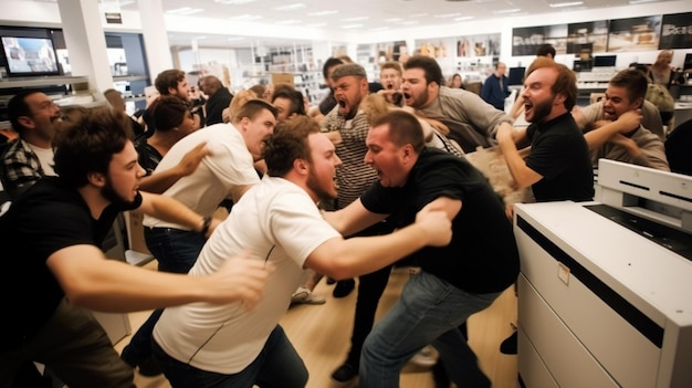 한 무리의 사람들이 가게에서 싸우고 있습니다.